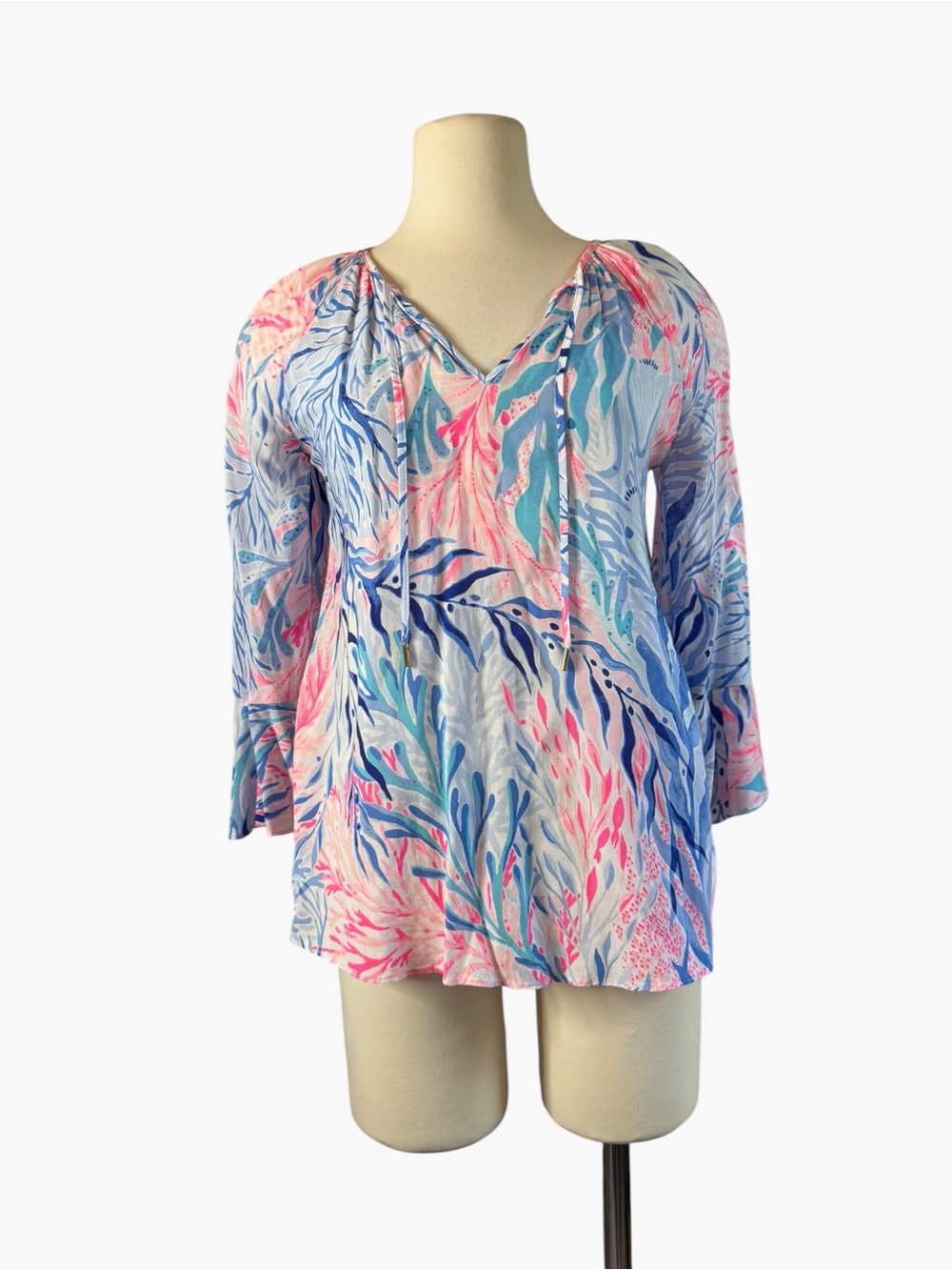 Lilly Pulitzer Pink, Blue & White V-Neck Tie Front Tunic